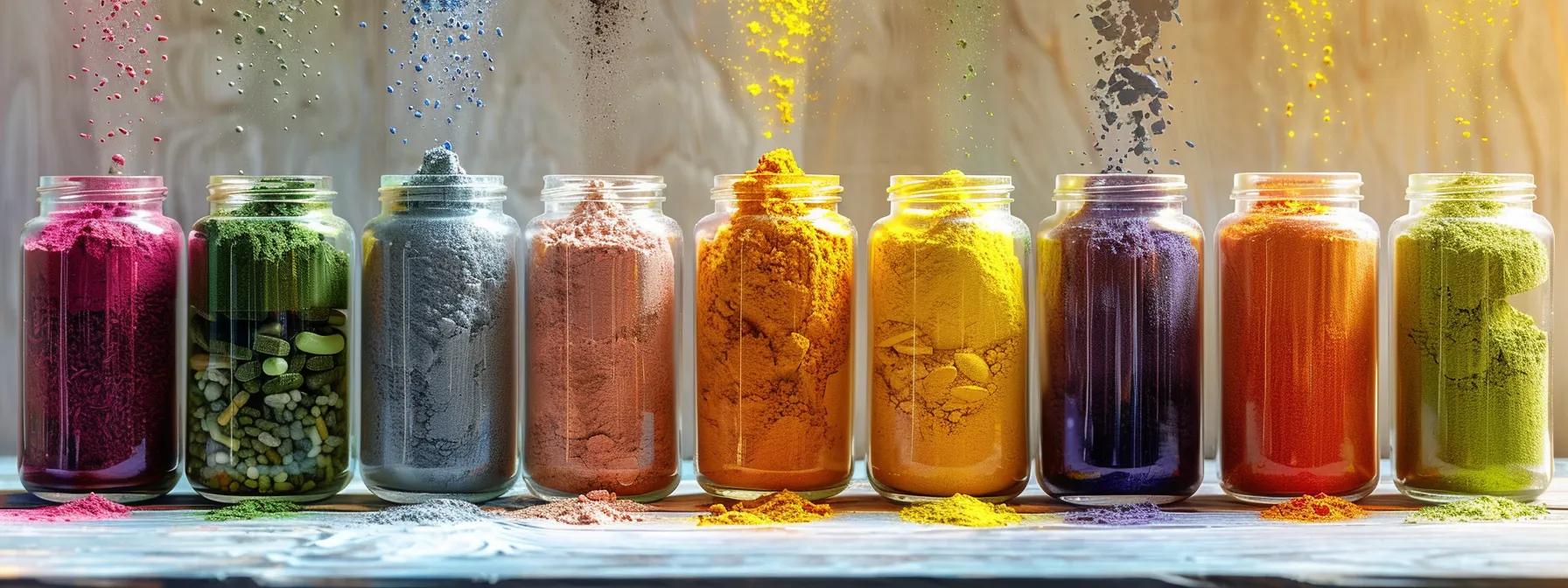 a vibrant composition of various powdered multivitamins beautifully arranged in glass jars, showcasing their diverse colors and textures against a soft, natural light backdrop that evokes a sense of health and vitality.