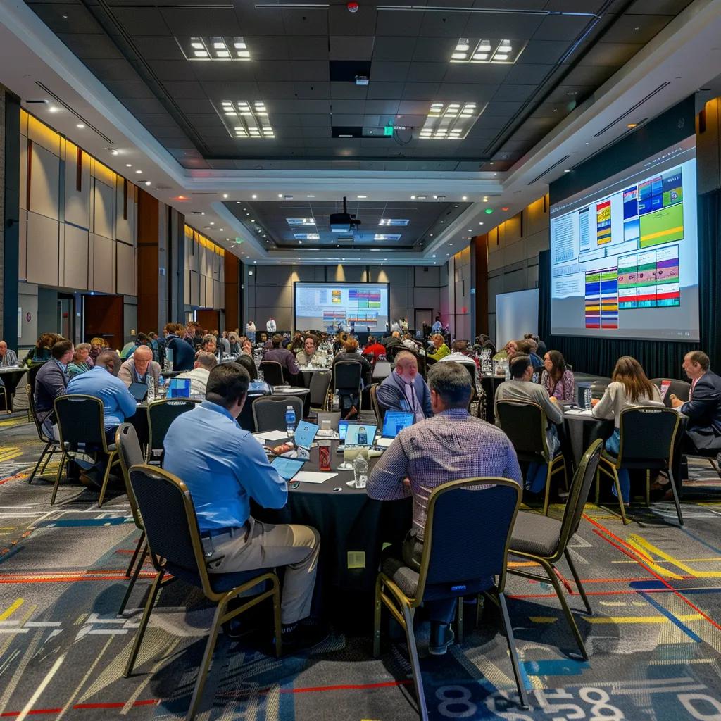 a vibrant conference room buzzes with energy as diverse participants engage in animated discussions, surrounded by interactive whiteboards and digital displays highlighting powerful strategies for enhancing support group dynamics.