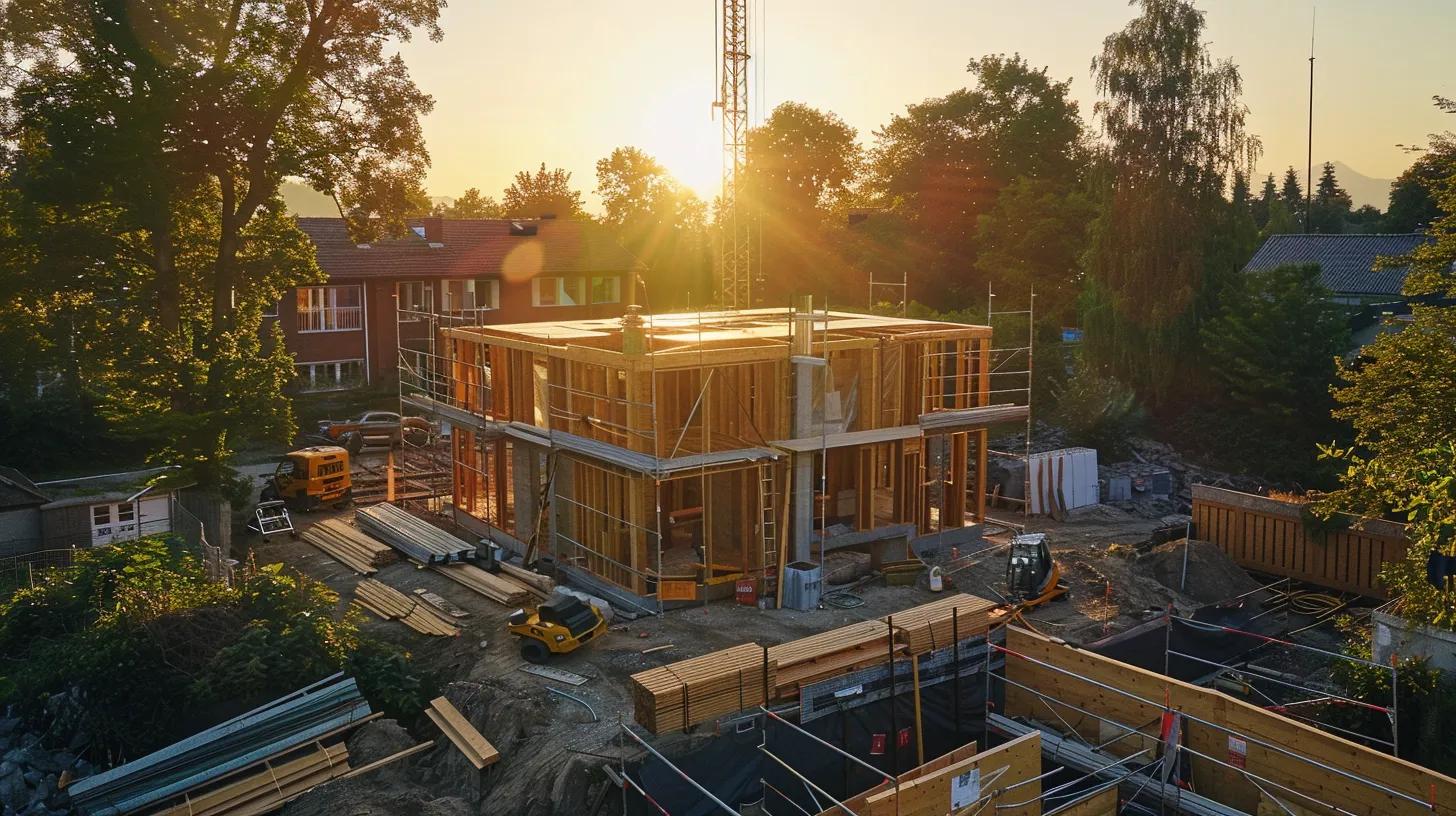a vibrant construction site bustling with local builders skillfully erecting an eco-friendly passive house, surrounded by lush greenery, under the soft glow of a warm sunset that highlights their dedication to sustainable jobs and community growth. a vibrant construction site bustling with local builders skillfully erecting an eco-friendly passive house, surrounded by lush greenery, under the soft glow of a warm sunset that highlights their dedication to sustainable jobs and community growth.