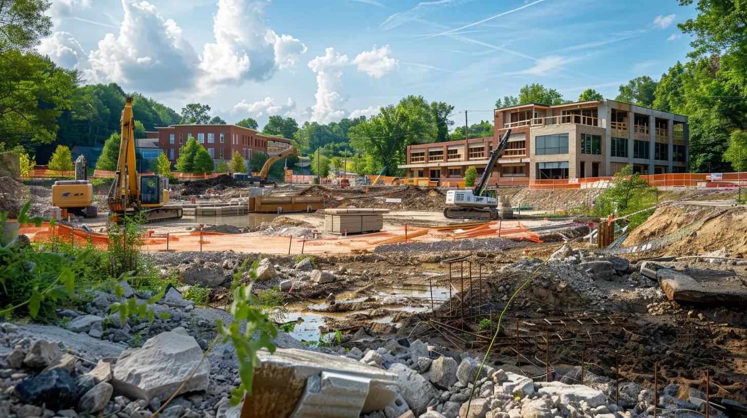 a vibrant construction site in knoxville showcases local commercial builders collaborating efficiently, surrounded by lush greenery and regional materials, emphasizing the financial advantages of community-centric construction practices. a vibrant construction site in knoxville showcases local commercial builders collaborating efficiently, surrounded by lush greenery and regional materials, emphasizing the financial advantages of community-centric construction practices.