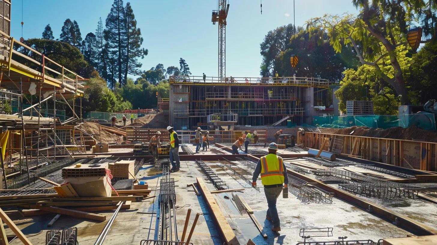 a vibrant construction site showcases the innovative practice of sustainable demolition, with reclaimed materials and lush greenery surrounding workers collaborating under a bright, clear sky. a vibrant construction site showcases the innovative practice of sustainable demolition, with reclaimed materials and lush greenery surrounding workers collaborating under a bright, clear sky.