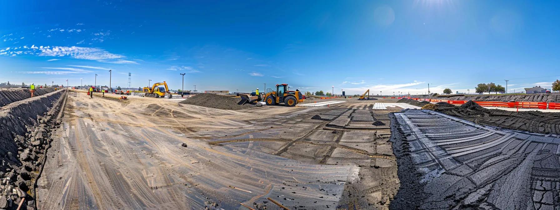 a vibrant construction site showcases skilled workers expertly applying asphalt, with gleaming machinery and freshly laid pavement under a bright blue sky, symbolizing the critical importance of selecting the right paving method for durable infrastructure.