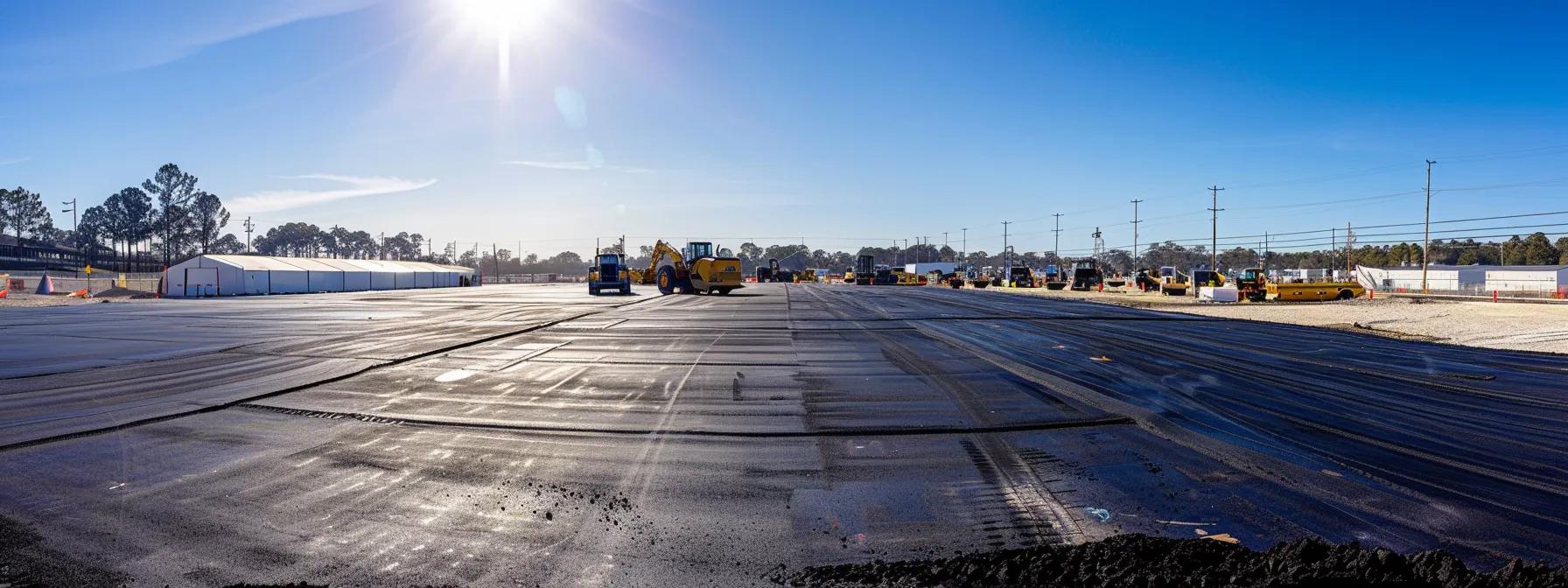 a vibrant construction site showcases the seamless application of smooth, dark hot mix asphalt, reflecting the sun's rays as heavy machinery expertly paves a high-traffic parking lot under a clear blue sky.