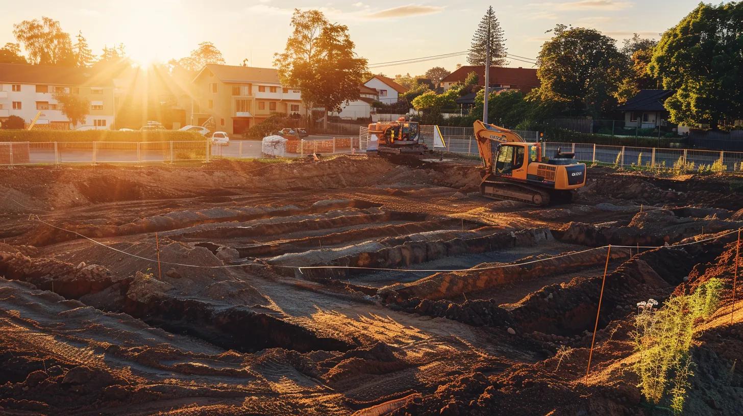 a vibrant construction site with freshly marked boundaries, heavy machinery bustling over graded earth, and survey flags fluttering in the sunlight, embodies the critical groundwork of home building. a vibrant construction site with freshly marked boundaries, heavy machinery bustling over graded earth, and survey flags fluttering in the sunlight, embodies the critical groundwork of home building.