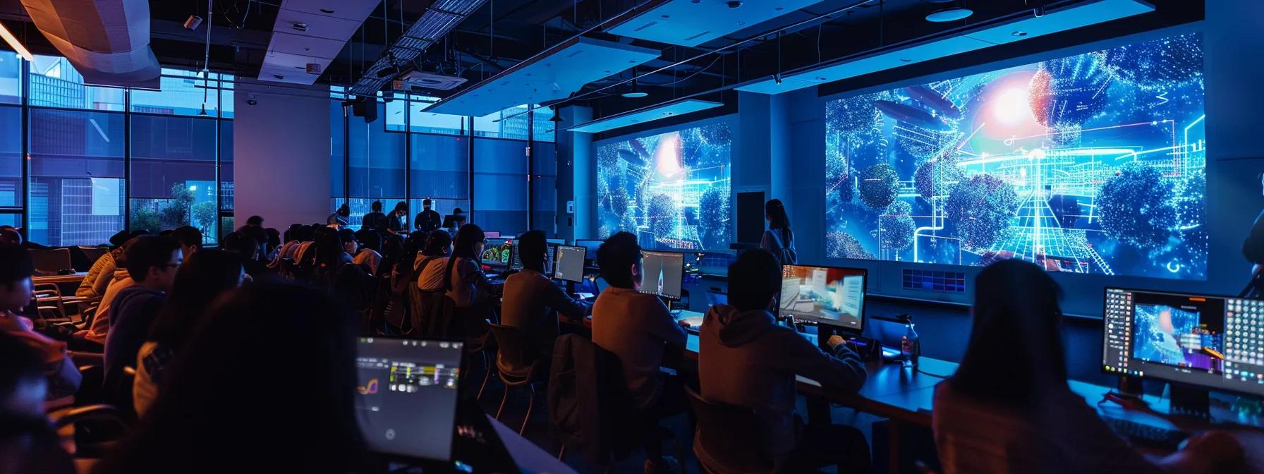 a vibrant, contemporary classroom filled with students engaged in digital architecture tutorials, featuring large screens displaying 3d models and design software, illuminated by dynamic overhead lighting that enhances the modern learning environment.