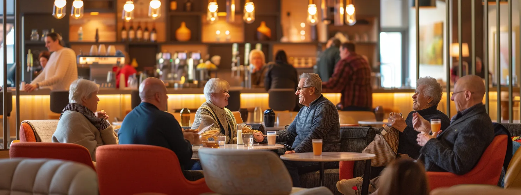 a vibrant, contemporary lounge filled with people over 50 sharing laughter and engaging in lively conversations, surrounded by modern decor and warm, inviting lighting.