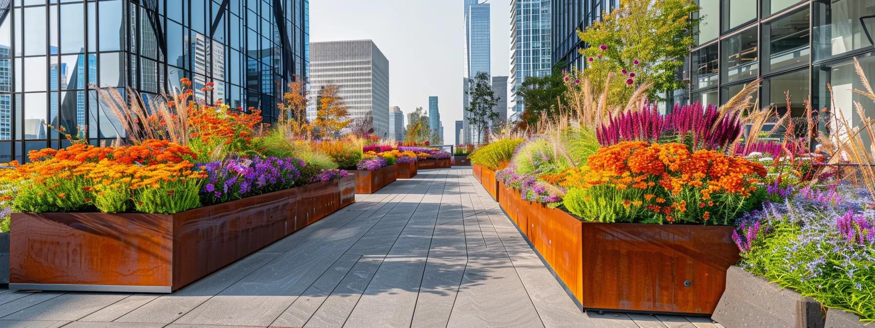 a vibrant, contemporary urban landscape filled with striking seasonal planters showcasing an array of essential plants, highlighting their vivid colors and textures against a sleek city backdrop during a bustling afternoon.