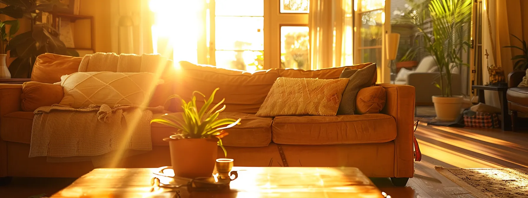a vibrant, cozy living room features a beautifully upholstered rescue sofa bathed in warm, golden afternoon sunlight, inviting relaxation and comfort.