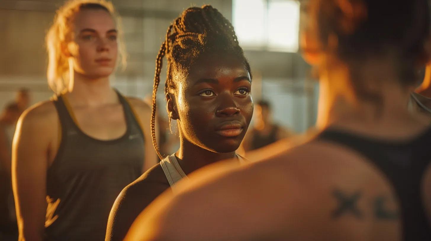 a vibrant crossfit gym scene captures a diverse group of beginners engaging in open communication with their coaches, emphasizing collaboration and safety amidst intense workouts bathed in warm, motivational lighting. a vibrant crossfit gym scene captures a diverse group of beginners engaging in open communication with their coaches, emphasizing collaboration and safety amidst intense workouts bathed in warm, motivational lighting.