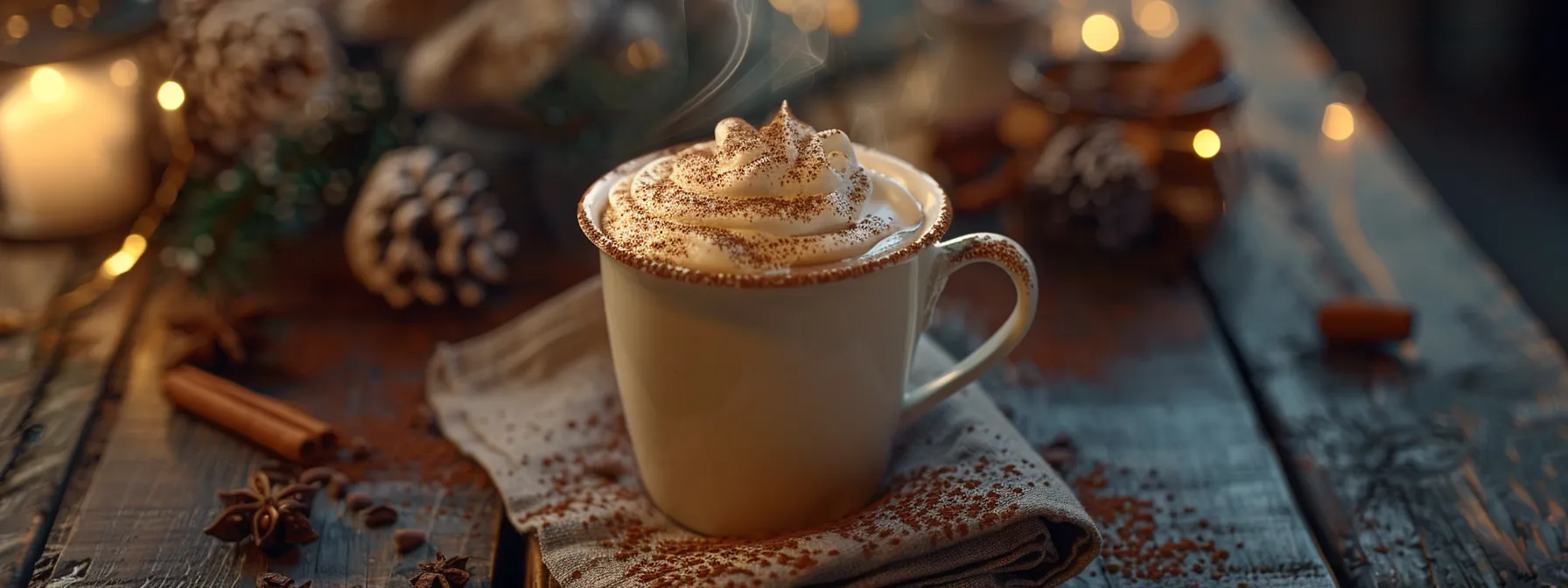 a vibrant cup of steaming mushroom hot cocoa, topped with delicate swirls of frothy cream and surrounded by earthy cocoa powder, invitingly placed on a rustic wooden table amid soft, warm lighting.