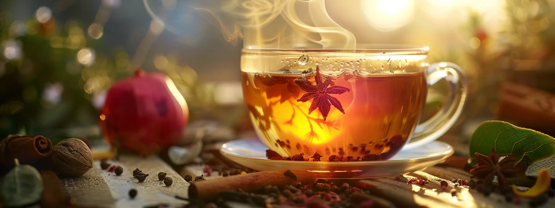 a vibrant cup of steaming rooibos tea surrounded by fresh ingredients like maple syrup and spices, illuminated by soft, natural light to highlight its rich, amber hue and inviting aroma.