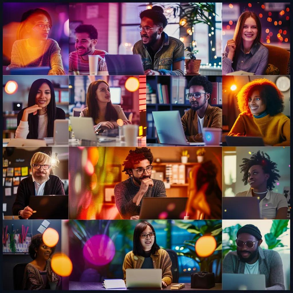 a vibrant digital collage of diverse online community members engaging enthusiastically in a modern, sleek workspace, surrounded by dynamic visuals representing appreciation through virtual celebrations, gifts, and shoutouts.