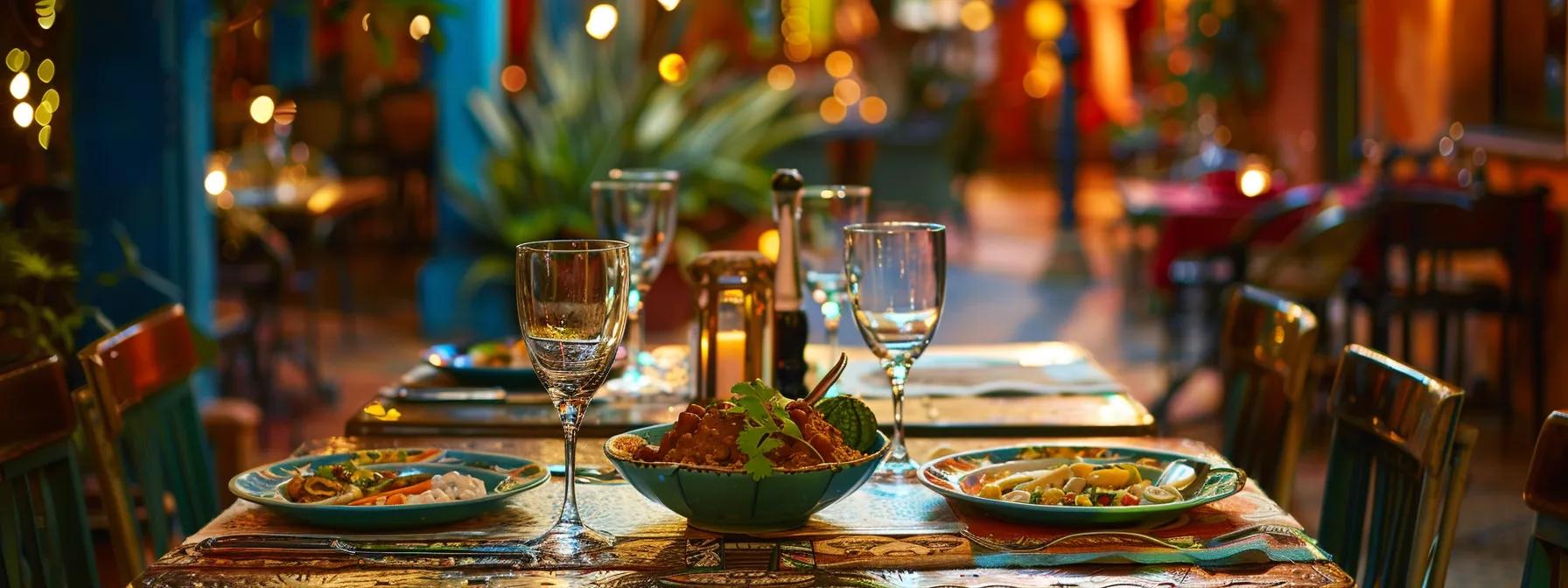 a vibrant dining table set in a stylish urban restaurant, showcasing a carefully arranged platter of signature dishes from around the world, including a colorful bowl of bouillabaisse, a hearty serving of khao soi, and an intricately garnished plate of mole poblano, all under warm, ambient lighting that enhances the rich textures and colors of the culinary masterpieces.