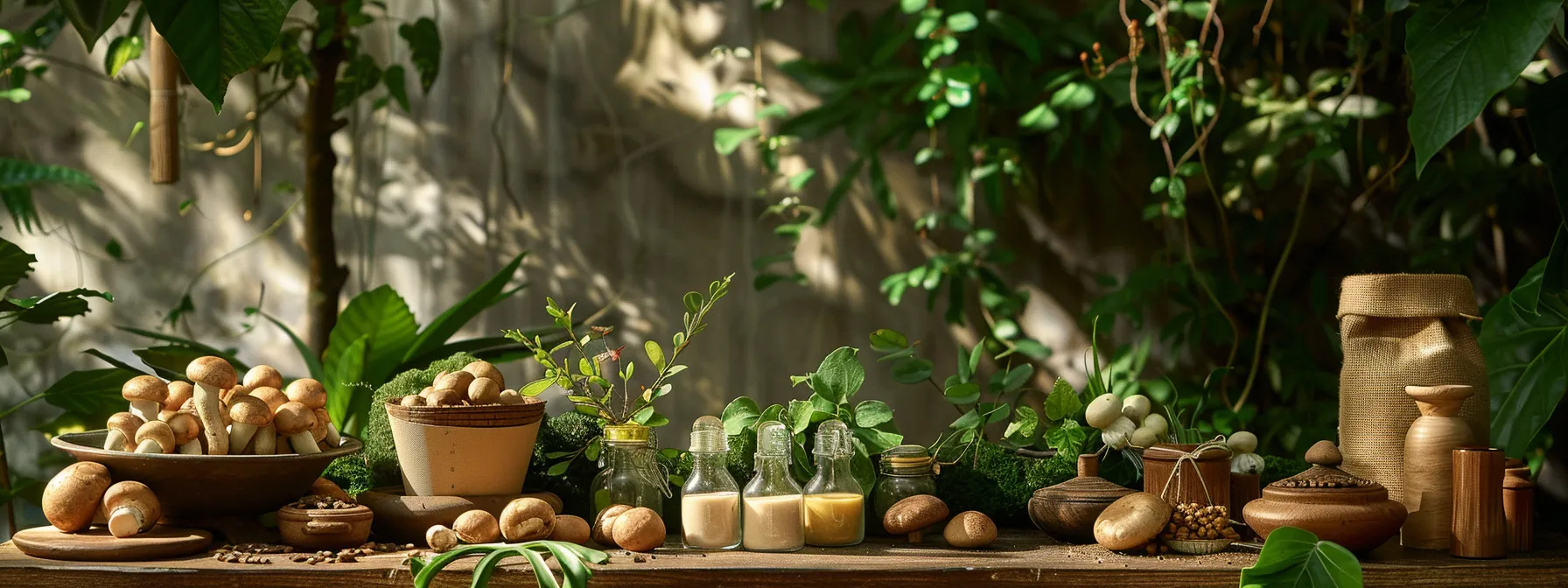 a vibrant display of assorted mushroom coffee products, elegantly arranged on a wooden table, surrounded by lush greenery to evoke a sense of natural energy and focus.