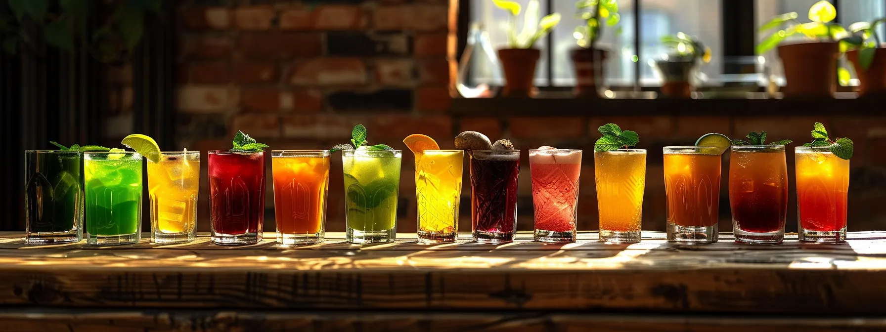 a vibrant display of assorted premium mushroom drinks arranged artistically on a wooden table, illuminated by warm, natural light, highlighting their rich colors and inviting textures, promoting wellness and vitality.