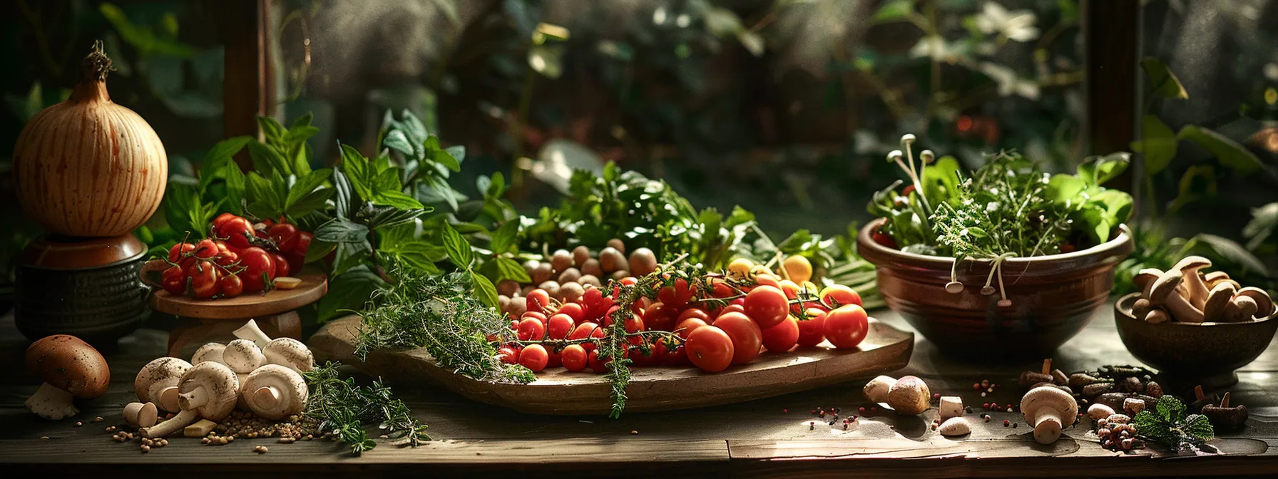 a vibrant display of assorted mushroom boosters arranged artfully on a wooden surface, surrounded by fresh herbs and glowing softly under warm natural light, highlighting their rich textures and earthy colors to evoke a sense of health and vitality.