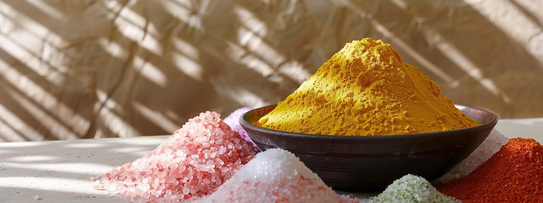 a vibrant display of bulk electrolyte powders in an array of colors, elegantly arranged next to a rustic bowl of himalayan salt, set against a sunlit backdrop that emphasizes the theme of hydration and wellness.