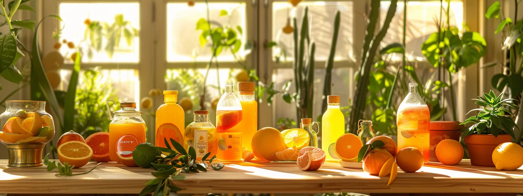 a vibrant display of citrus-infused hydration products, arranged artistically on a sunlit table, conveying the excitement of seasonal promotions and energizing wellness benefits.