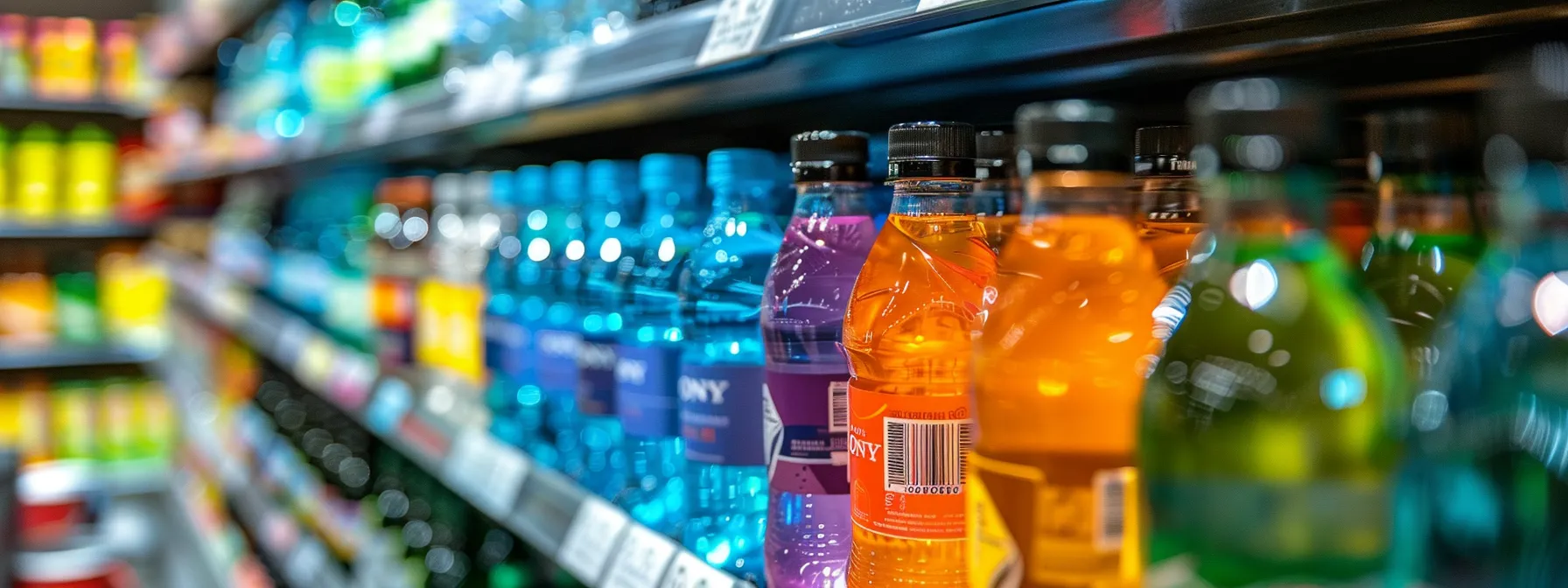 a vibrant display of colorful hydration products on a store shelf, highlighting seasonal discounts and promotions with eye-catching labels and packaging.