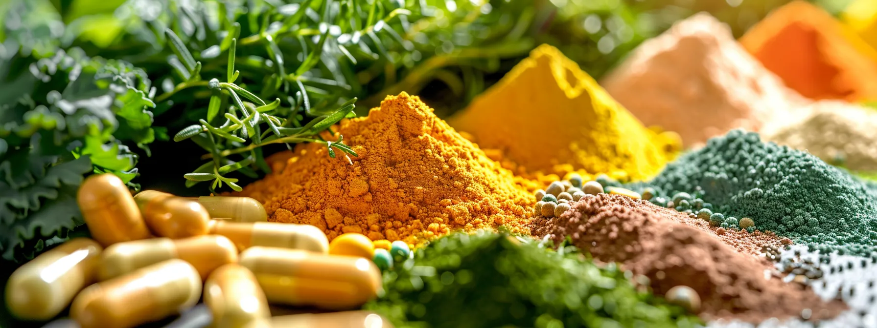 a vibrant display of colorful powdered vitamin supplements in natural textures, surrounded by fresh leafy greens and carrots, highlighting their health benefits and nutritional richness in a soft, diffused light.