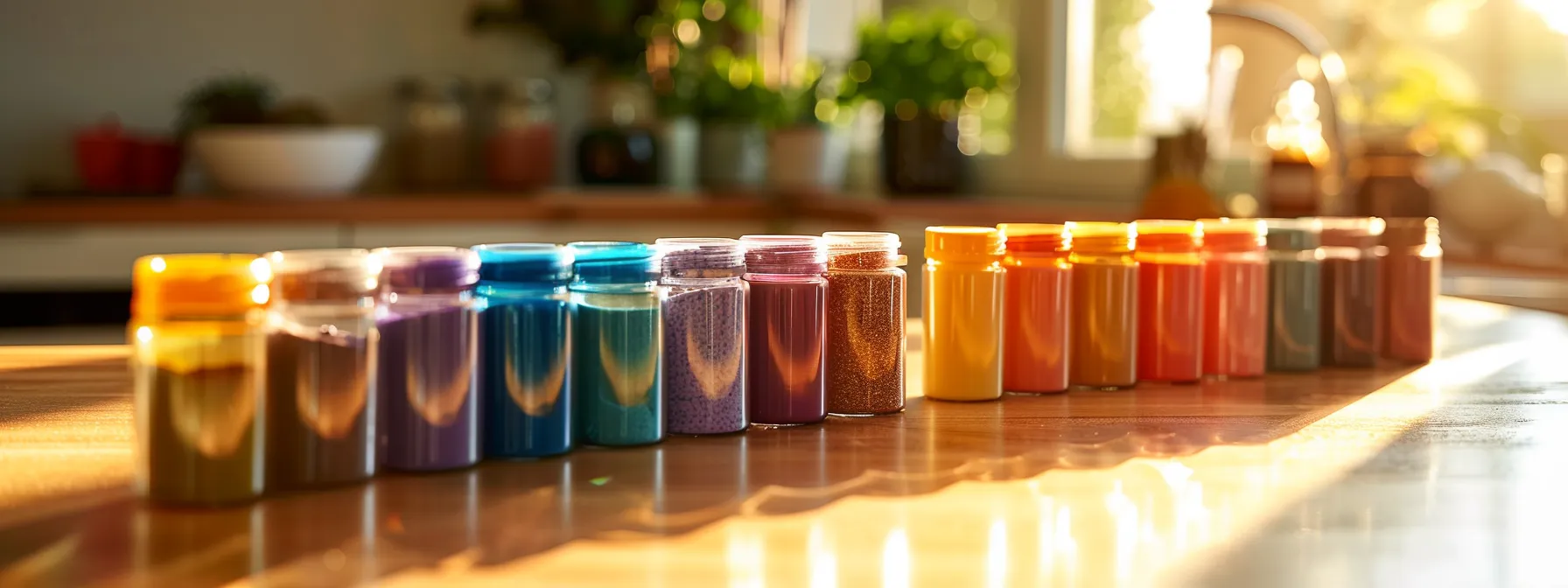 a vibrant display of colorful powdered supplements in sleek containers, artfully arranged on a wooden kitchen counter, illuminated by warm morning light to highlight their natural essence and promote the idea of nutritious choices.
