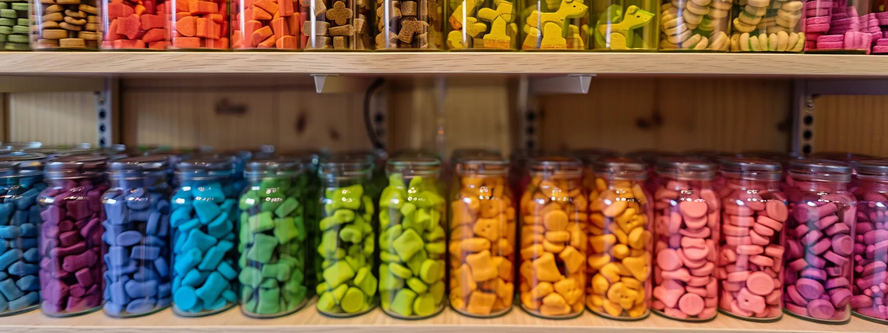 a vibrant display of colorful, pet-friendly puppy training treats arranged neatly in a modern pet supply store, highlighting their varied shapes and textures against a sleek, contemporary backdrop.