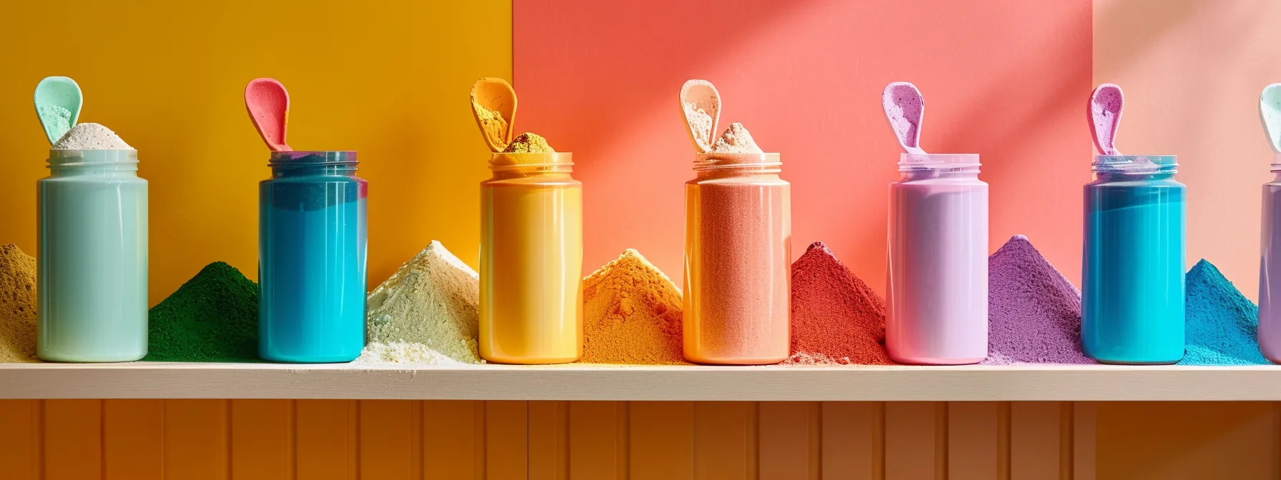 a vibrant display of colorful powdered supplements arranged in an aesthetically pleasing manner, showcasing various containers and scoops against a bright, minimalist backdrop to emphasize nutritional wellness and vitality.