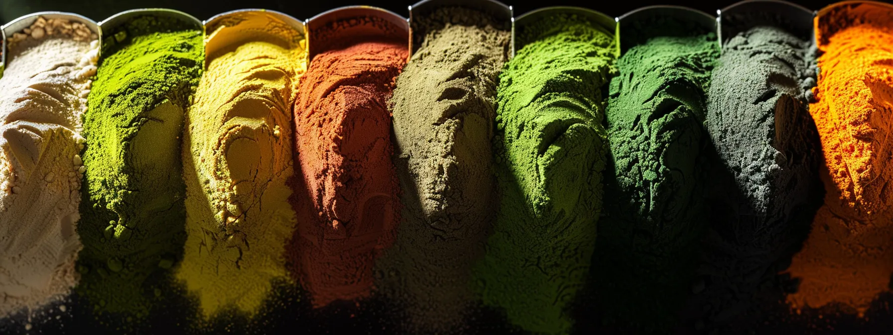 a vibrant display of colorful multivitamin powders arranged in neat piles, illuminated by soft, natural light, highlighting their rich textures and the harmonious blend of nutrients essential for wellness.