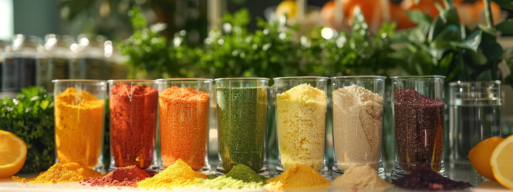 a vibrant display of colorful electrolyte powders in clear glass containers, surrounded by fresh natural ingredients like citrus fruits and leafy greens, emphasizes the importance of hydration and essential minerals for health.