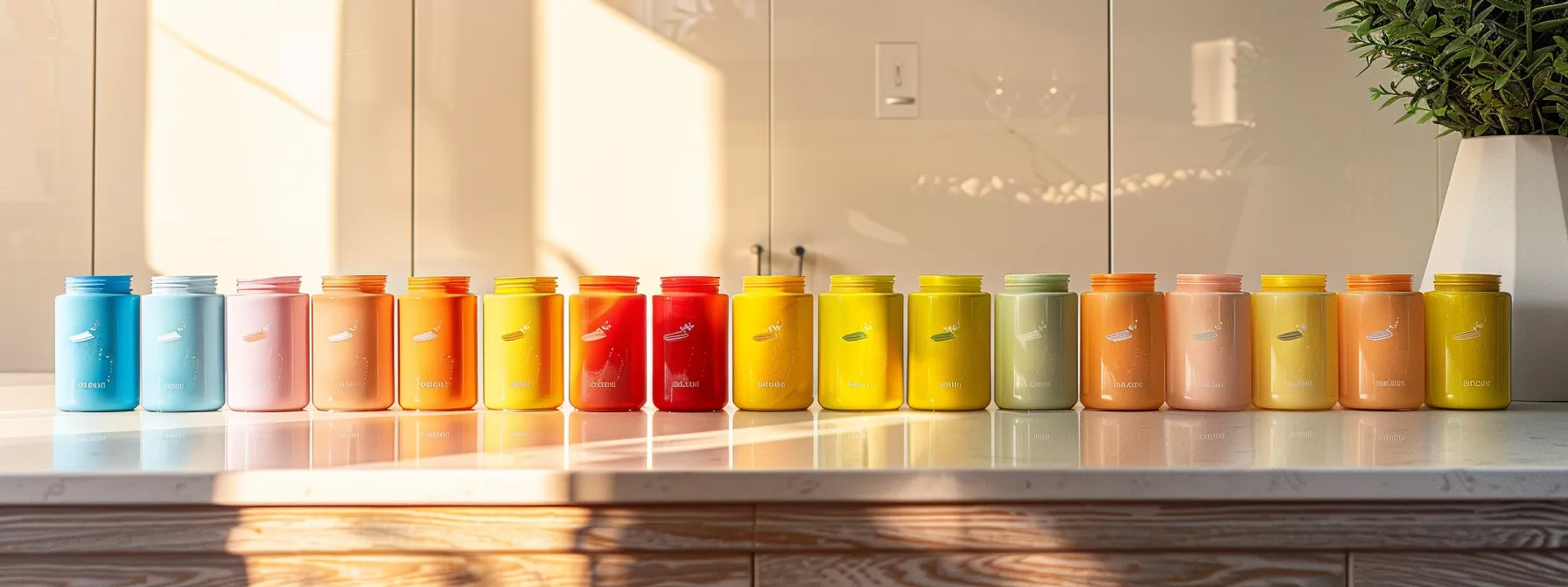 a vibrant display of colorful protein powder containers arranged artfully on a sleek countertop, highlighting their diverse, high-quality ingredients and modern branding under bright, natural light.