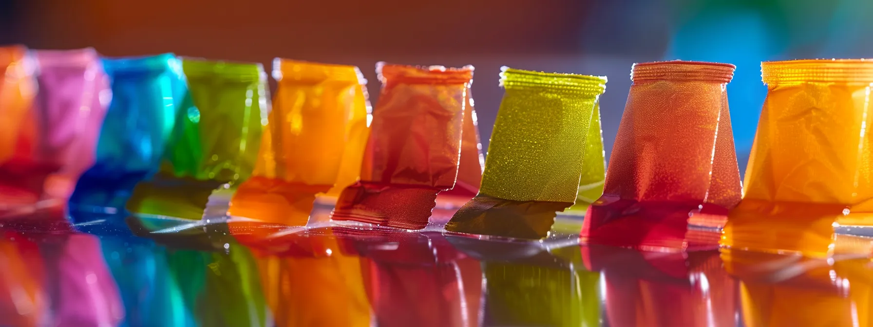 a vibrant display of colorful electrolyte powder packets arranged artistically on a reflective surface, illuminated by soft, natural light to emphasize their nutritional benefits and enticing flavors.