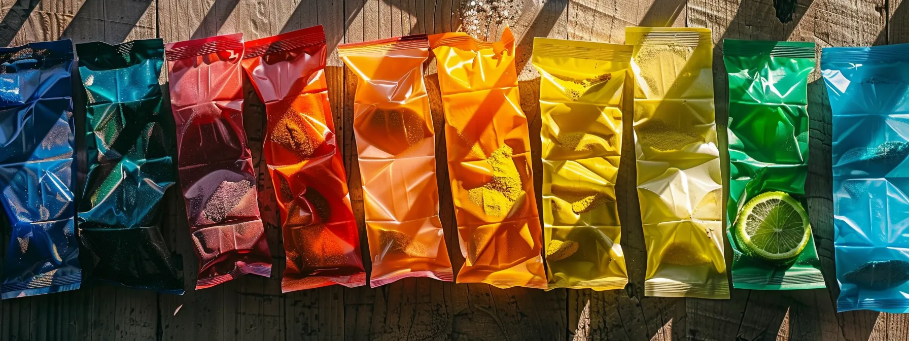 a vibrant display of colorful electrolyte powder packets and vitamin c supplements arranged artistically on a wooden surface, illuminated by soft natural light, highlighting the refreshing flavors of lime and lemonade.