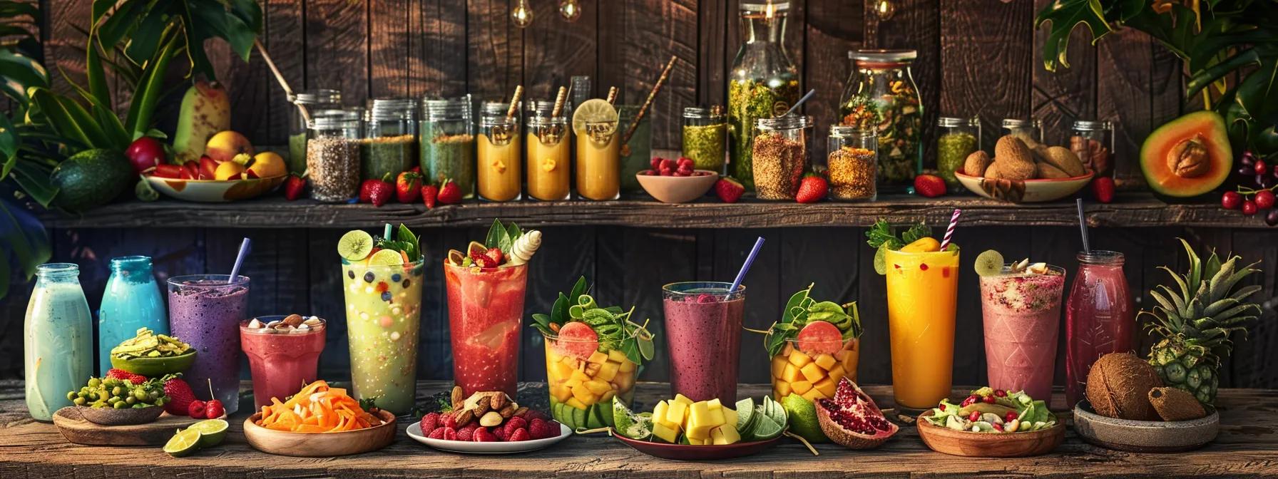 a vibrant display of colorful smoothies, refreshing salads, and energizing snacks arranged artfully on a rustic wooden table, showcasing natural ingredients like almond and coconut water under warm, inviting lighting.