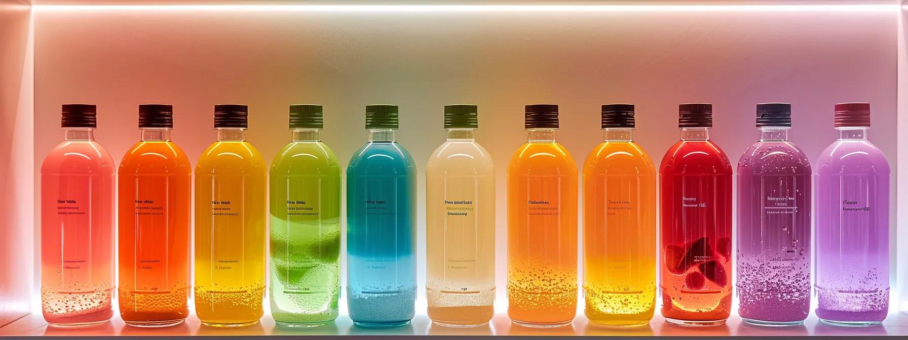 a vibrant display of colorful bulk electrolyte products arranged on a sleek surface, highlighting a variety of flavors and ingredient labels, illuminated by soft, natural light to enhance their freshness and appeal.