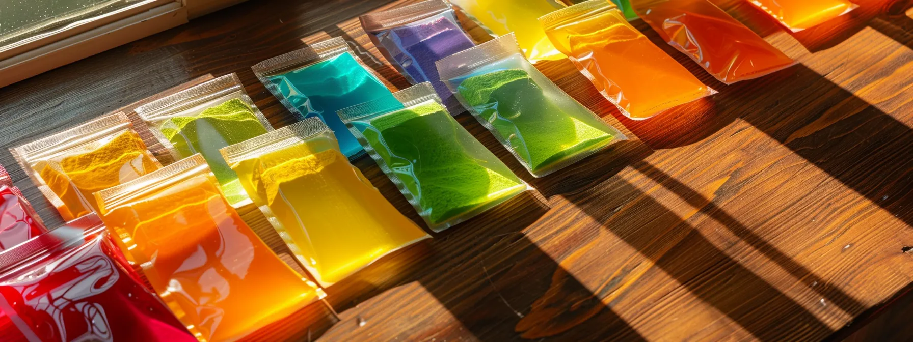 a vibrant display of colorful electrolyte powder packets arranged thoughtfully on a sleek wooden table, highlighting their hydration potential with natural sunlight casting warm, inviting shadows.