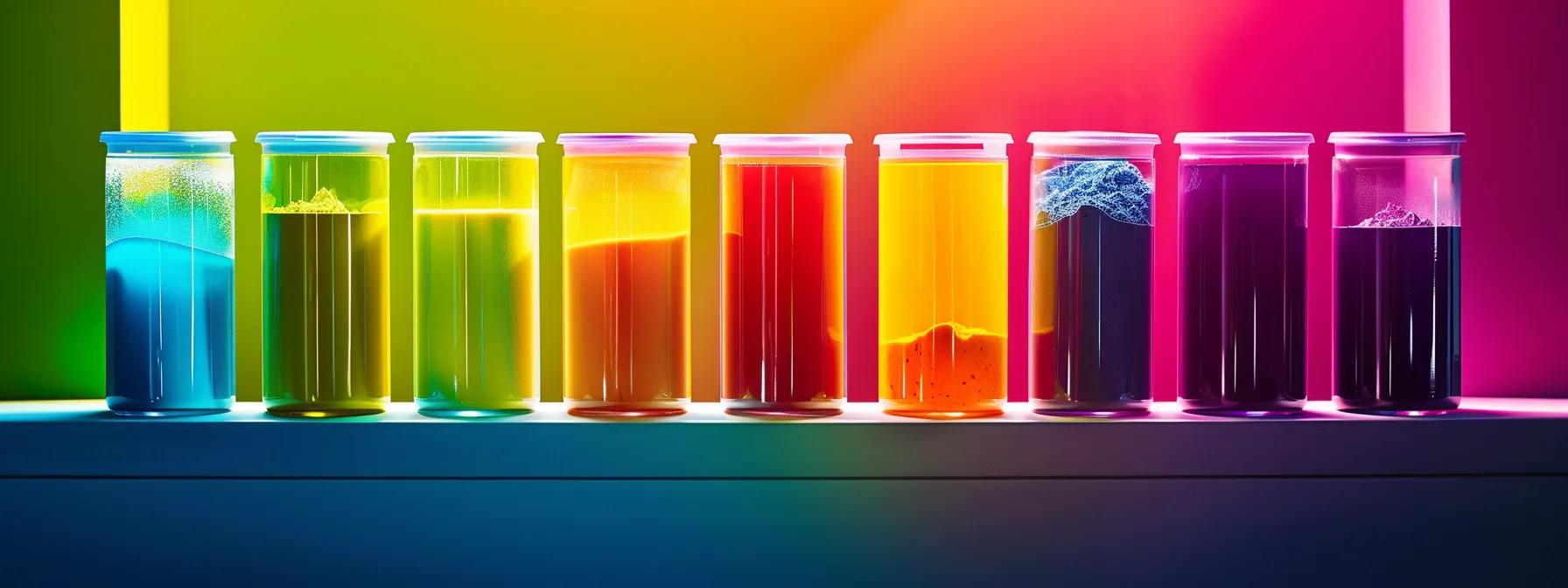 a vibrant display of colorful electrolyte powders in various containers, set against a sleek, glossy background, highlighting their appeal for hydration and workout recovery.