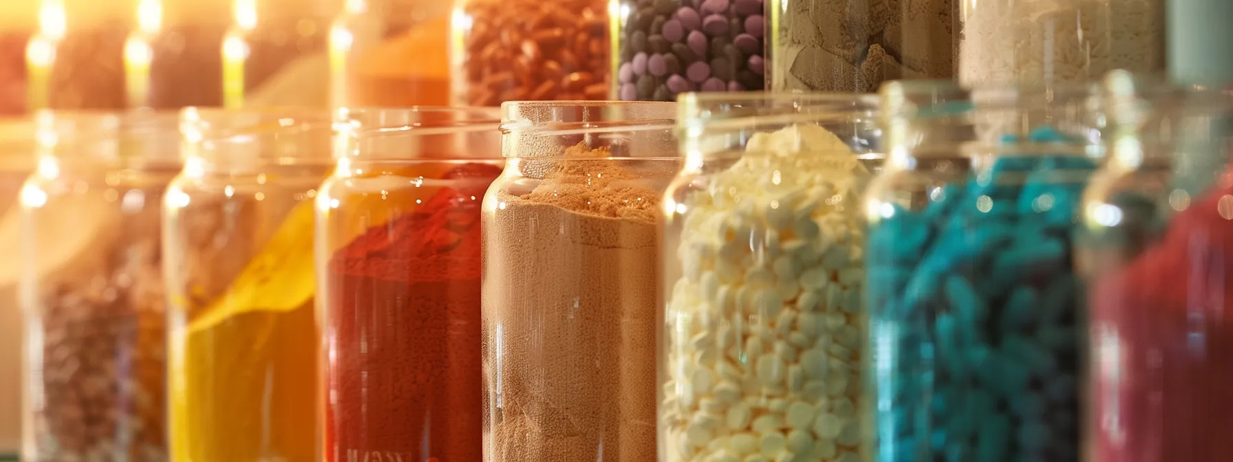 a vibrant display of colorful powdered supplements arranged artfully in transparent jars, showcasing the rich textures and hues of nutritional ingredients like whey protein, meal replacement shakes, and omega-3 blends, against a soft, warm-lit background that emphasizes their importance in health optimization.