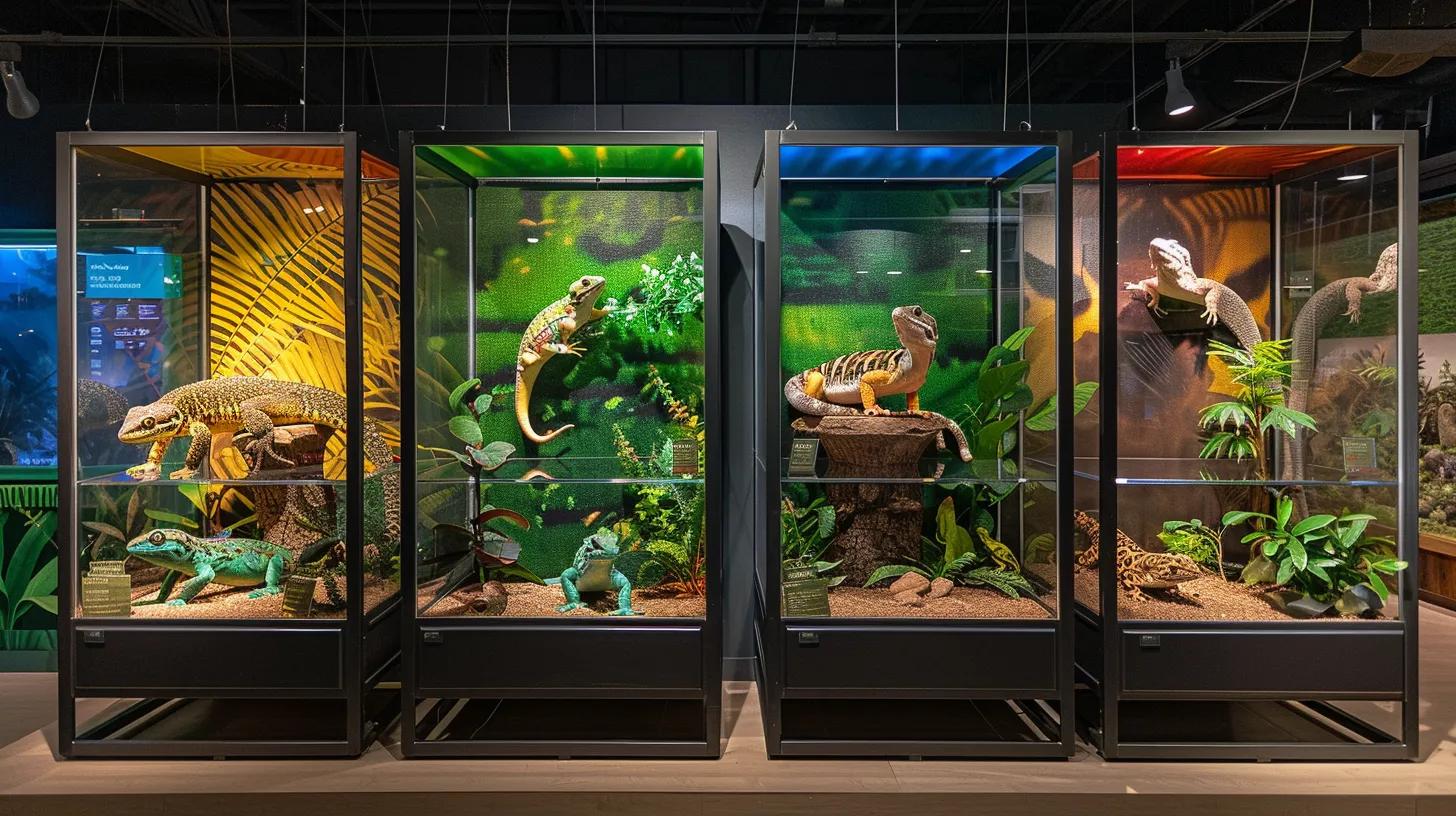 a vibrant display of four beginner-friendly reptiles in individual glass enclosures set against a sleek, modern pet store backdrop, each habitat thoughtfully designed to highlight the unique care requirements of leopard geckos, ball pythons, bearded dragons, and crested geckos.