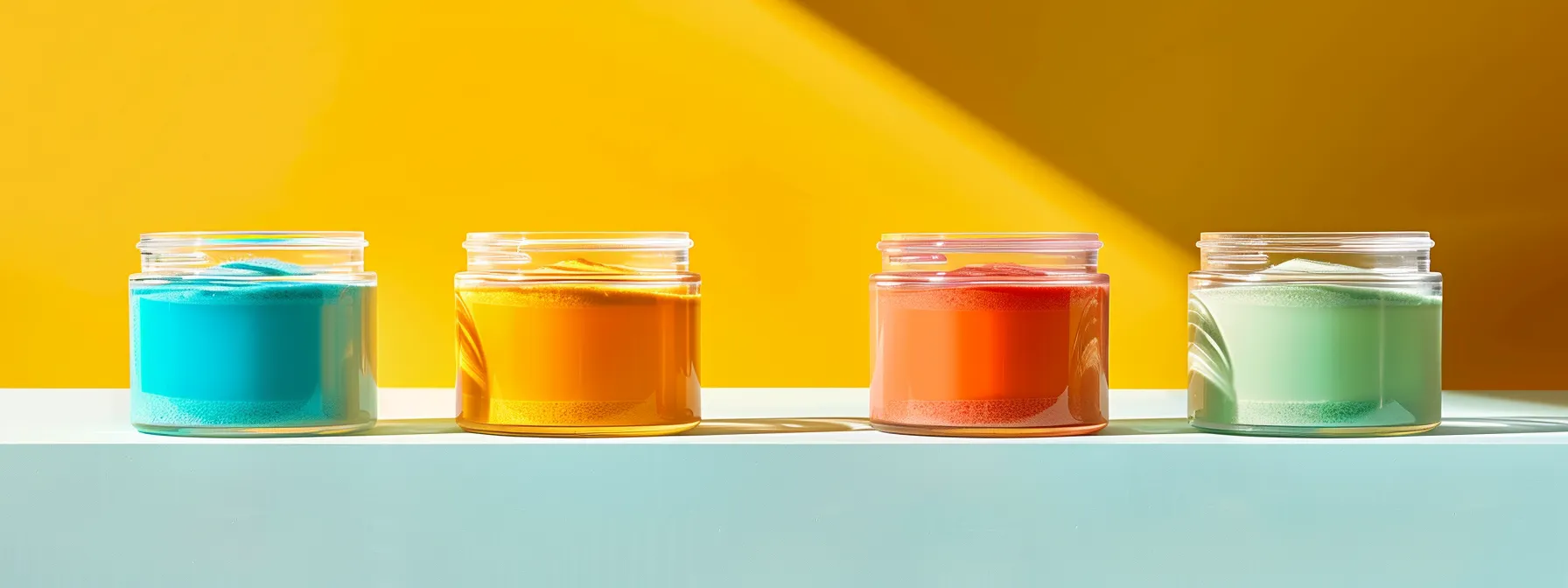 a vibrant display of four distinctive electrolyte powder containers, each uniquely labeled to highlight their key ingredients and benefits, set against a clean, minimalist background to emphasize their hydration-boosting properties.