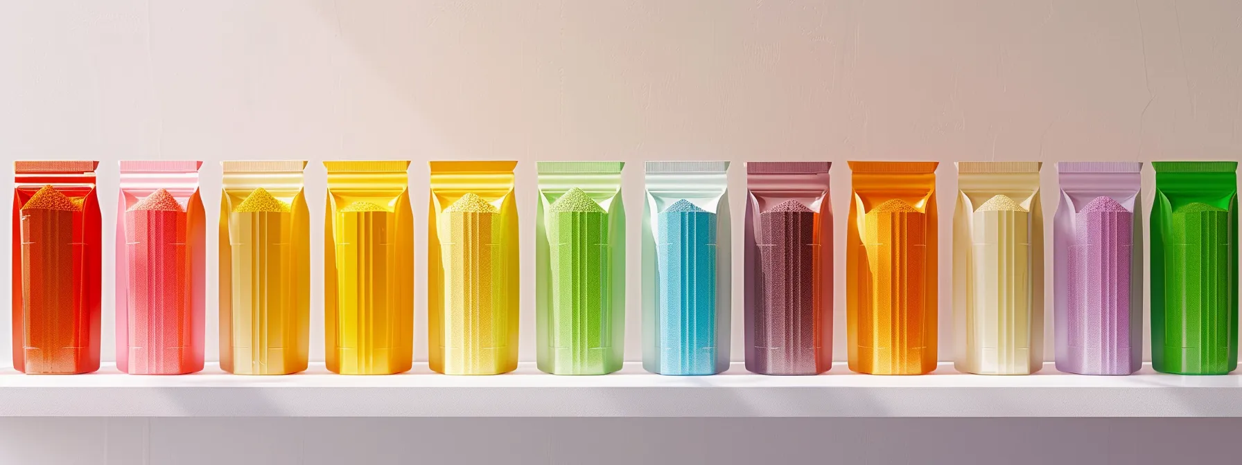 a vibrant display of multivitamin powder packages, each labeled with bright colors and clear allergen warnings, arranged against a clean white background, highlighting the importance of informed nutritional choices.