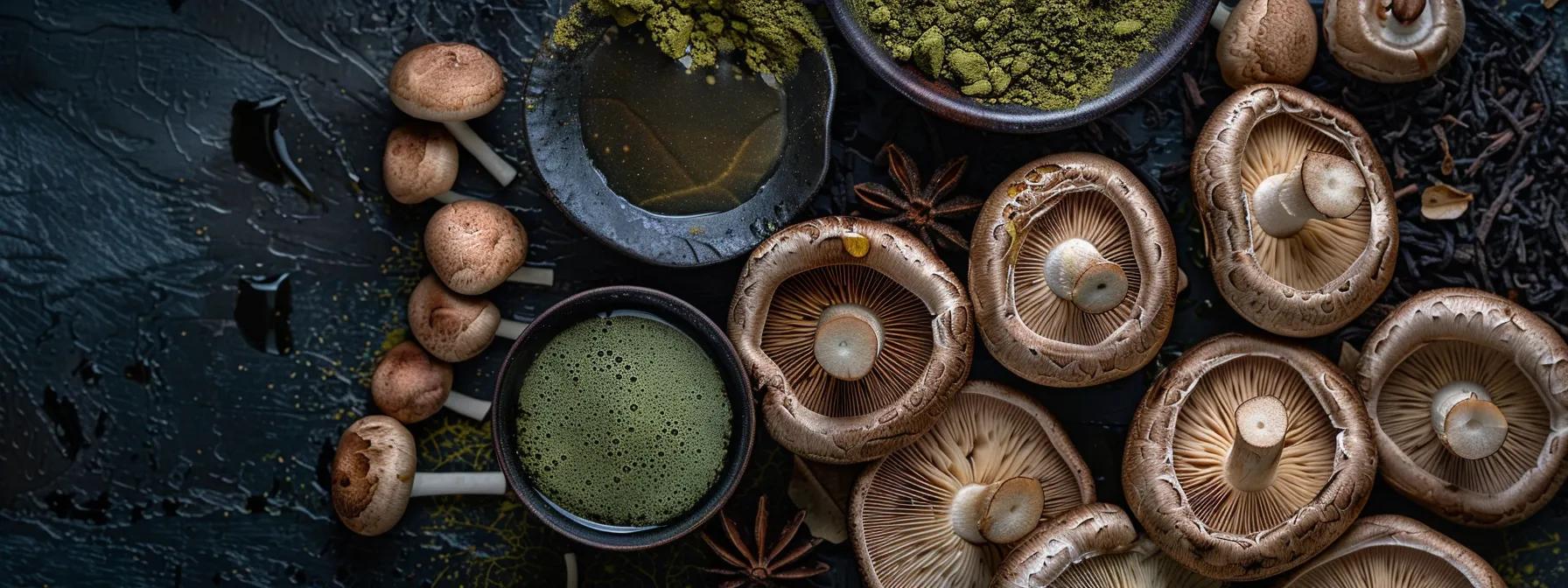 a vibrant display of mushroom matcha mix surrounded by natural ingredients like fresh mushrooms and glistening maple syrup, illuminated by soft, warm light to emphasize the rich colors and textures reflecting a fusion of health and culinary artistry.