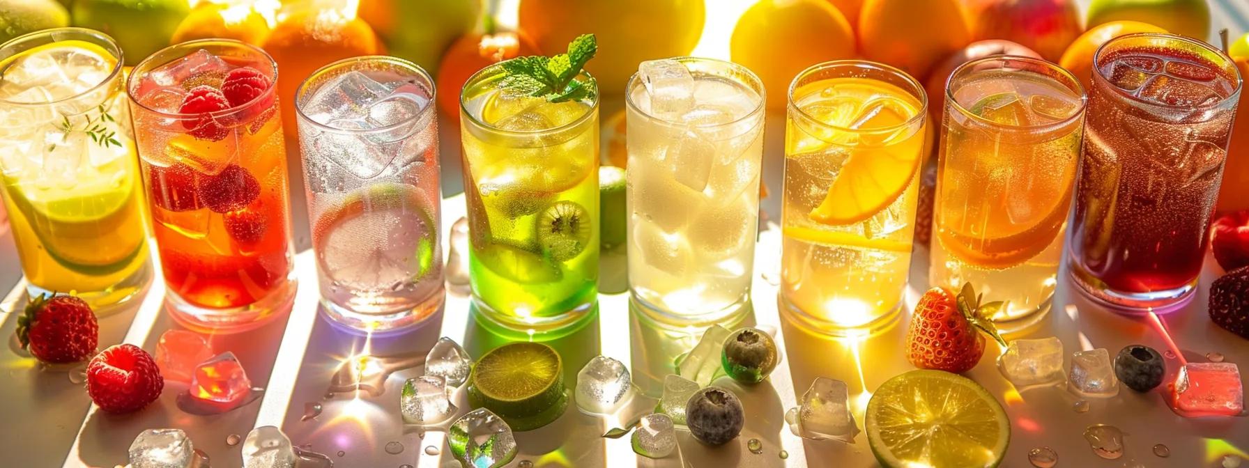a vibrant display of refreshing, colorful electrolyte drinks arranged on a sunlit table, highlighting the theme of hydration and wellness with glistening ice cubes and fresh fruits surrounding them.