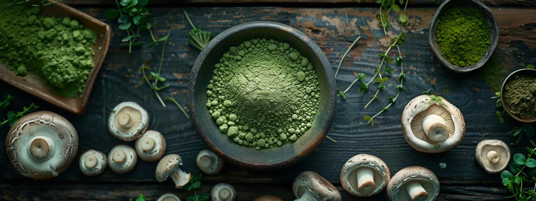 a vibrant display of rich green matcha powder surrounded by fresh, organic mushrooms, elegantly arranged on a rustic wooden table, illuminated by soft, natural light to emphasize the theme of health and wellness.