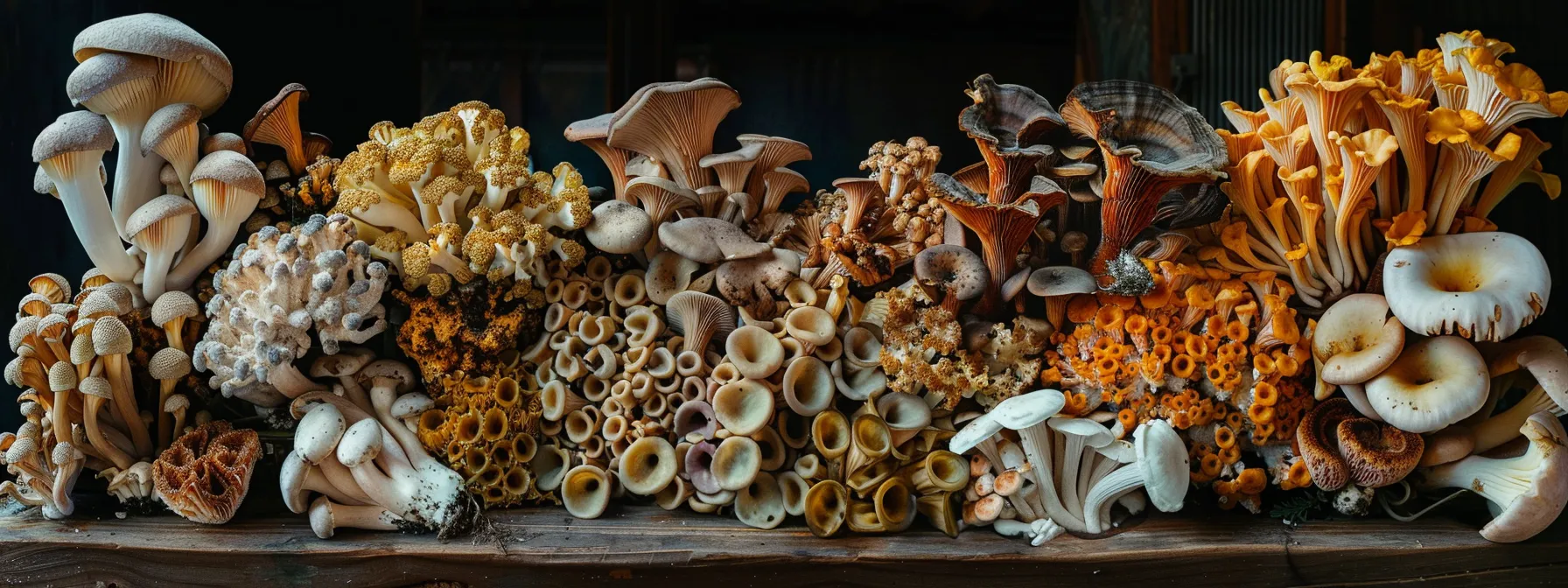 a vibrant display of various mushroom species, including morchella and cordyceps, arranged artistically on a wooden market stall, illuminated by soft, natural light to emphasize their organic textures and colors, symbolizing the dynamic relationship between supply and demand in the food market.