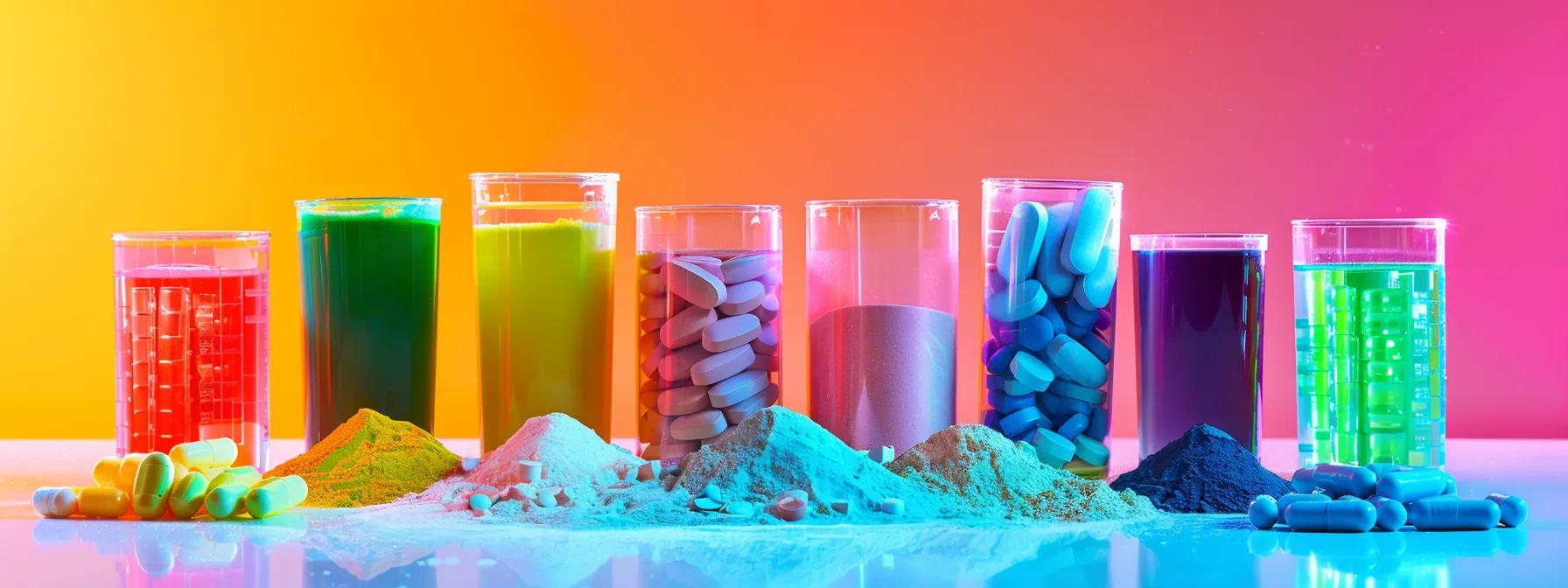 a vibrant display of various electrolyte supplement forms—powders, tablets, and colorful drinks—arranged artistically on a clean surface, emphasizing the diverse options available for hydration and muscle support during physical activity.