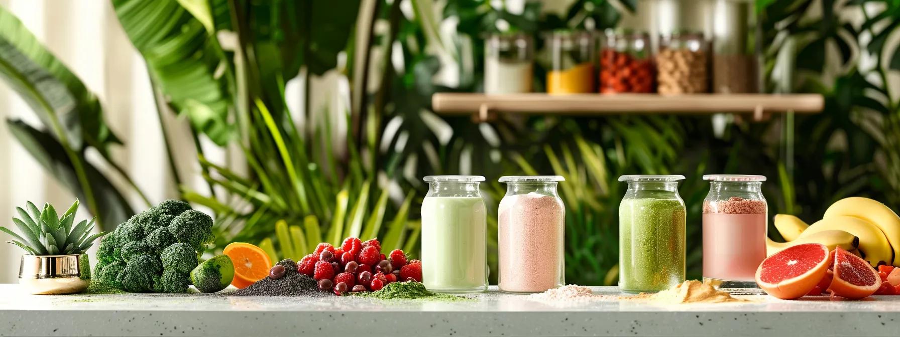 a vibrant display of various multivitamin powder mixes in an elegant glass jar on a bright kitchen counter, surrounded by fresh fruits and a background of lush green plants, symbolizing health and vitality.