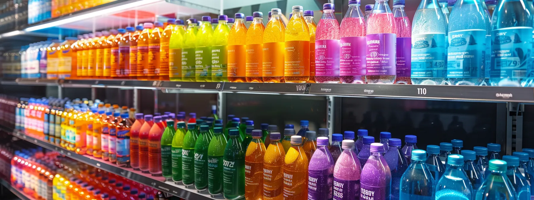 a vibrant display of various energy-boosting hydration products in bulk, showcasing colorful packaging and enticing flavors under bright, natural lighting to emphasize their refreshing appeal.