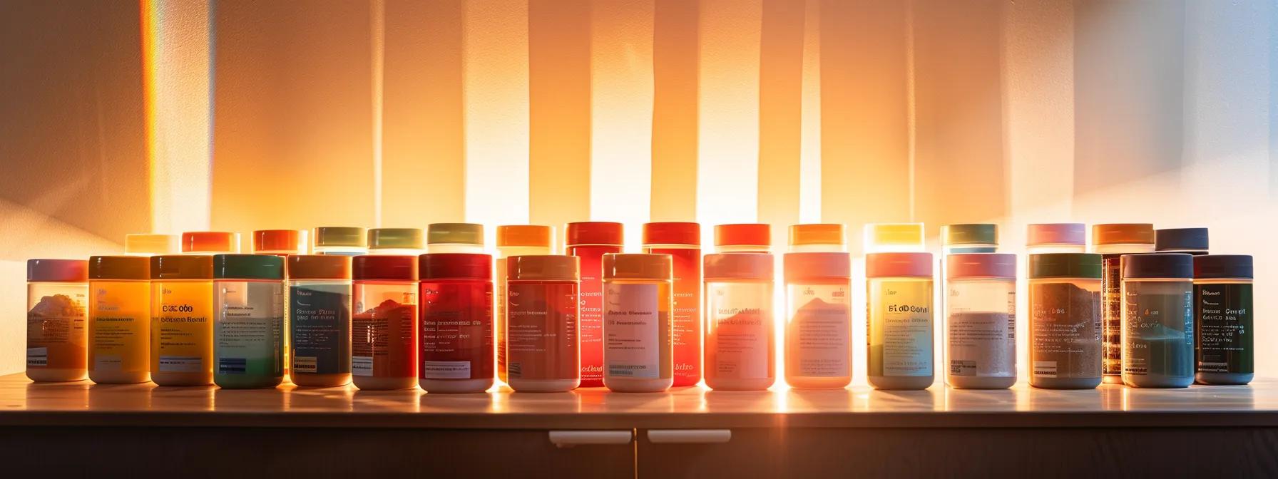 a vibrant display of various protein powder containers artfully arranged on a sleek table, illuminated by soft natural light, emphasizing distinct labels highlighting nutritional values and ingredient quality.