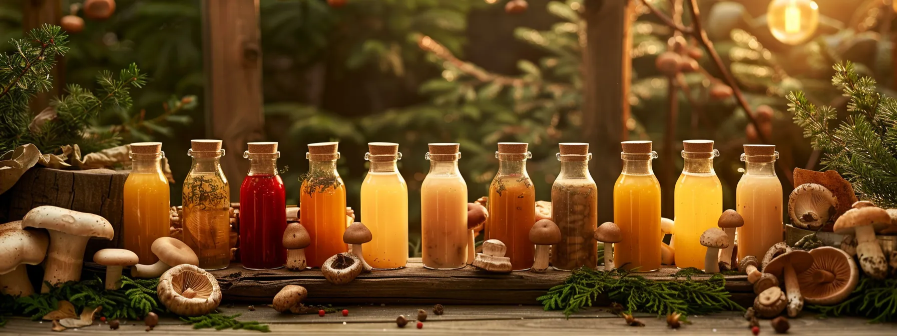 a vibrant display of various mushroom drinks, each in unique, earthy-toned bottles, arranged on a rustic wooden table, surrounded by fresh mushrooms and greenery, illuminated by warm, soft natural light to evoke a sense of wellness and rejuvenation.