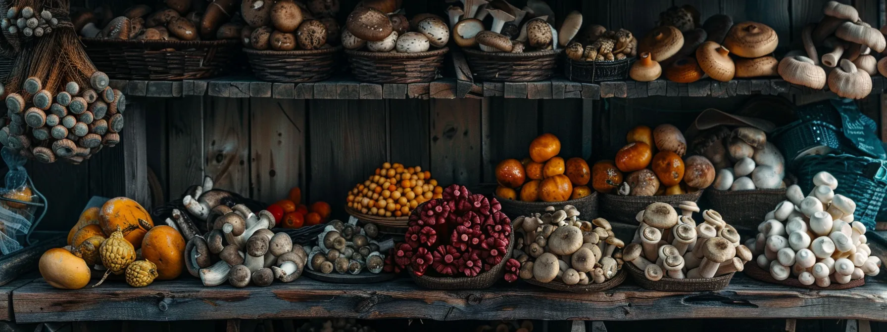 a vibrant display of various fresh mushrooms showcases their seasonal differences in pricing, set against a rustic wooden background illuminated by soft, natural light that emphasizes their textures and colors.
